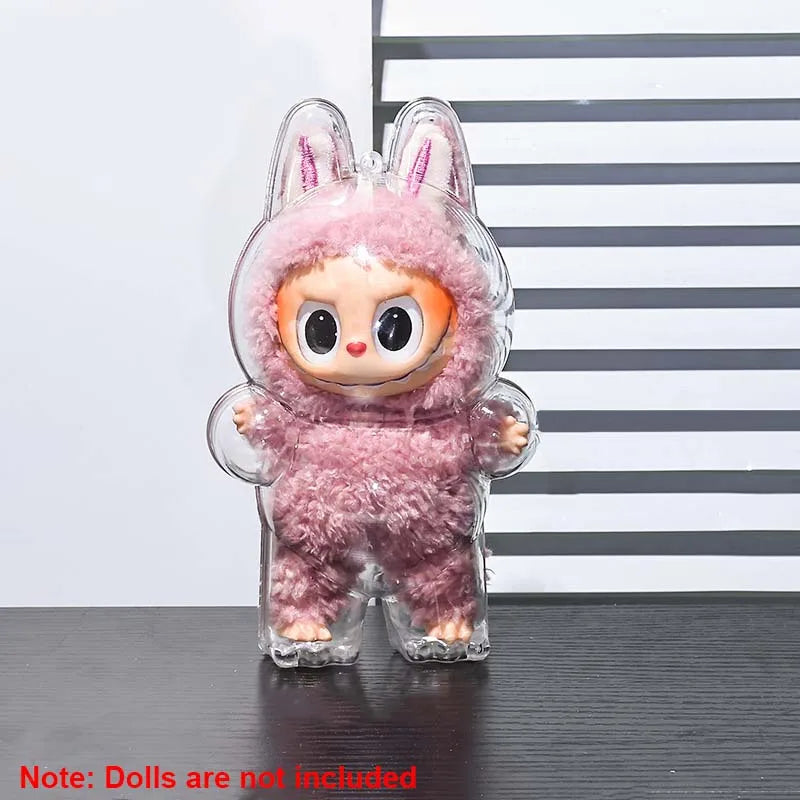 17cm Labubu Protector Case Portable Transparent Protective Case Organizer Box Dolls Accessories Doll Bag with Keychain