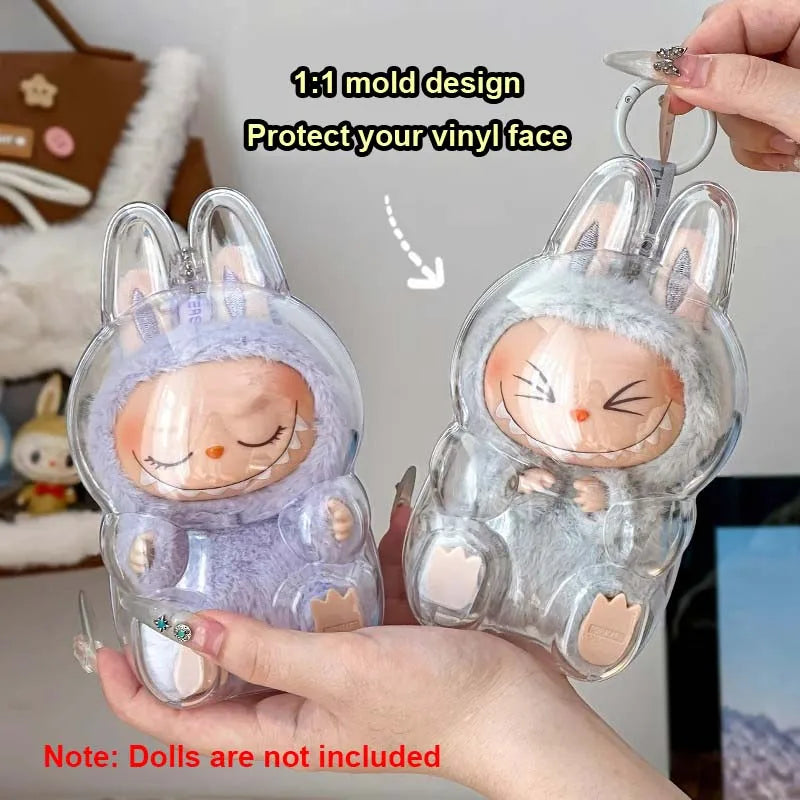 17cm Labubu Protector Case Portable Transparent Protective Case Organizer Box Dolls Accessories Doll Bag with Keychain