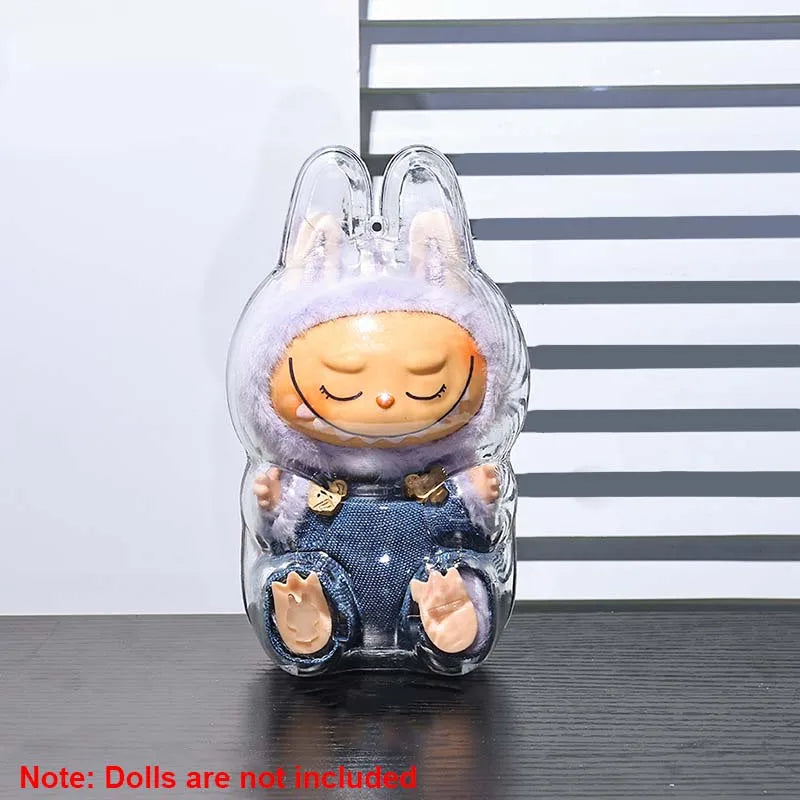17cm Labubu Protector Case Portable Transparent Protective Case Organizer Box Dolls Accessories Doll Bag with Keychain