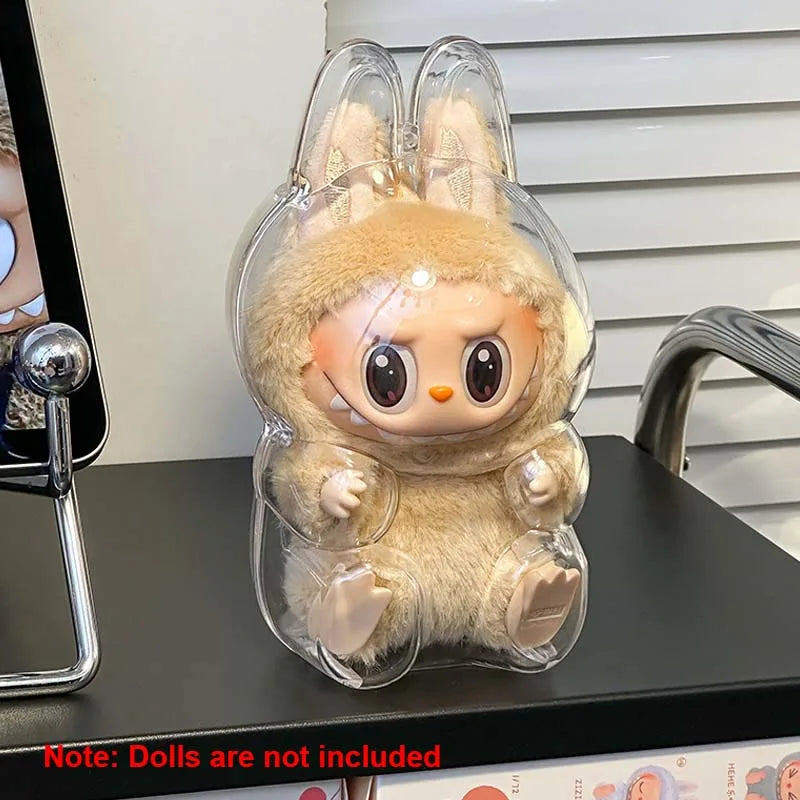 17cm Labubu Protector Case Portable Transparent Protective Case Organizer Box Dolls Accessories Doll Bag with Keychain