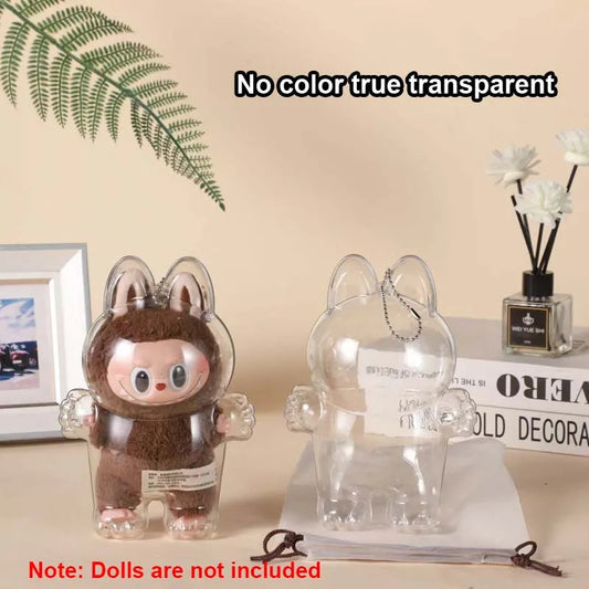 17cm Labubu Protector Case Portable Transparent Protective Case Organizer Box Dolls Accessories Doll Bag with Keychain